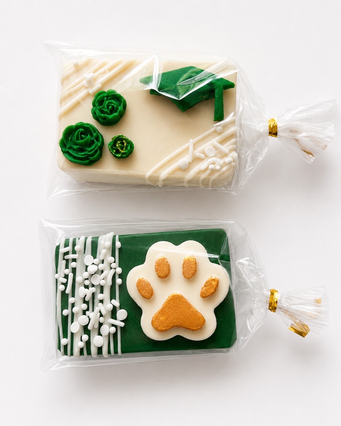 Huskies themed dipped crispy treats in green white and gold